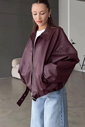 Prifaldi Pb Oversiz Kemerli Bomber Bordo Deri Ceket 