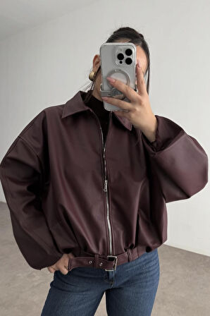 Prifaldi Zr Oversiz Kemerli Bomber Bordo Deri Ceket 