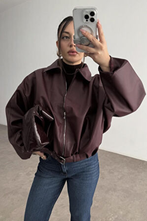 Prifaldi Zr Oversiz Kemerli Bomber Bordo Deri Ceket 