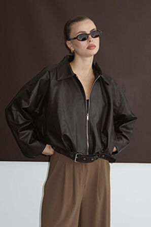 Prifaldi Zr Oversiz Kemerli Bomber Kahverengi Deri Ceket 