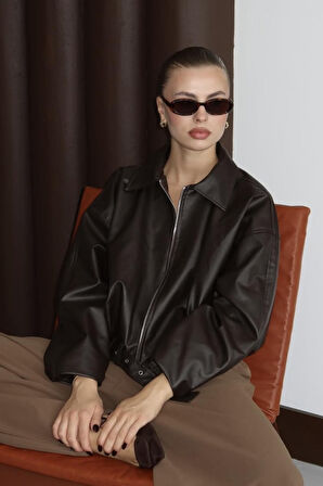 Prifaldi Zr Oversiz Kemerli Bomber Kahverengi Deri Ceket 