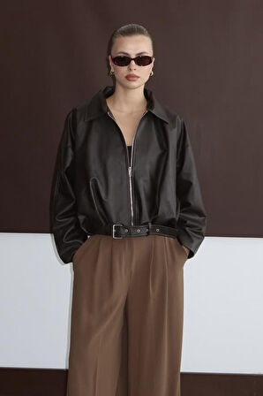 Prifaldi Zr Oversiz Kemerli Bomber Kahverengi Deri Ceket 