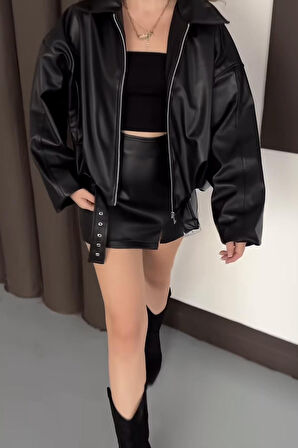 Prifaldi Zr Oversiz Kemerli Bomber Siyah Deri Ceket 