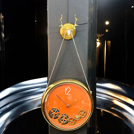 Geyikli Çarklı Duvar Saati Koyu Bej 44x34