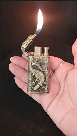 Kabartma Kertenkele/Timsah Desenli Antik Gold Çakmak