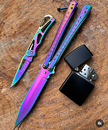 AlsepeteAvm Gökkuşağı Kare Desenli Mini Çakı Ve Benzinli Çakmak Seti