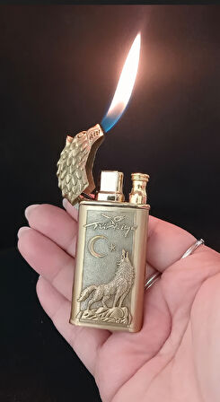 Gold Kaplama Kurt Figürlü Türkiye Temalı Jet Alevli Çakmak