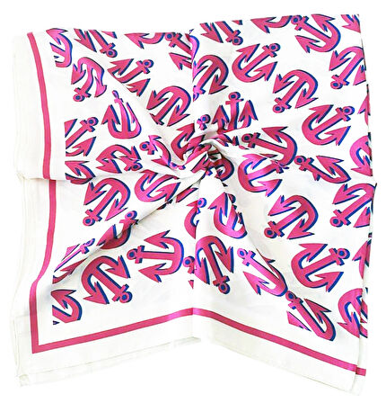 Pembe Çapa Figürlü Saten Beyaz Eşarp - 90x90
