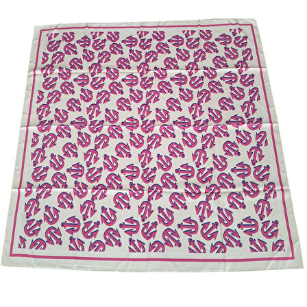Pembe Çapa Figürlü Saten Beyaz Eşarp - 90x90