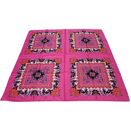 Etnik Desenli Kare Kesim Saten Pembe Eşarp - 90x90
