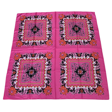 Etnik Desenli Kare Kesim Saten Pembe Eşarp - 90x90