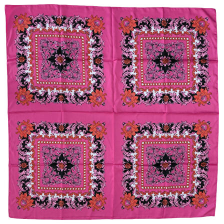 Etnik Desenli Kare Kesim Saten Pembe Eşarp - 90x90