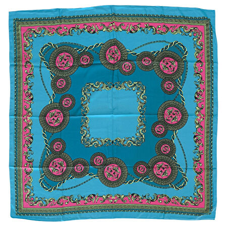 Geometrik Desenli Saten Turkuaz Eşarp - 90x90