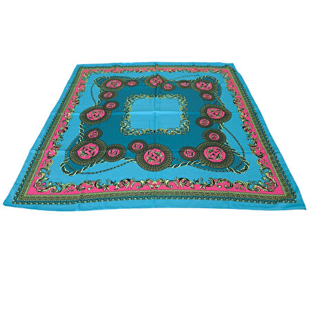 Geometrik Desenli Saten Turkuaz Eşarp - 90x90