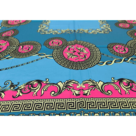 Geometrik Desenli Saten Turkuaz Eşarp - 90x90