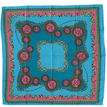 Geometrik Desenli Saten Turkuaz Eşarp - 90x90