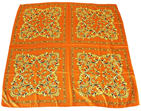 Etnik Çiçek Desenli Turuncu Saten Eşarp - 90x90