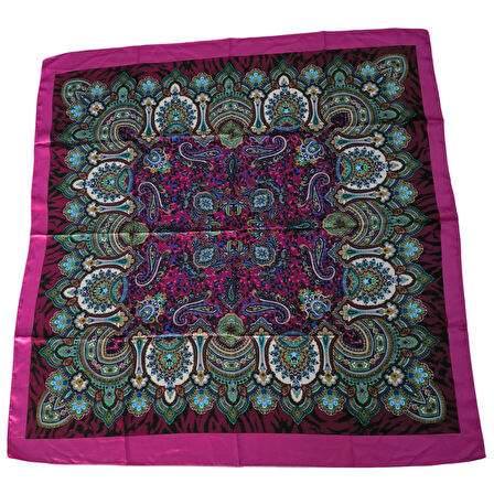 Etnik Çiçek Desenli Eflatun Rengi Saten Eşarp - 90x90