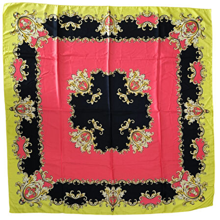 Geometrik Çiçek Desenli Saten Sarı Eşarp - 90x90