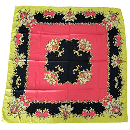 Geometrik Çiçek Desenli Saten Sarı Eşarp - 90x90