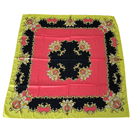 Geometrik Çiçek Desenli Saten Sarı Eşarp - 90x90