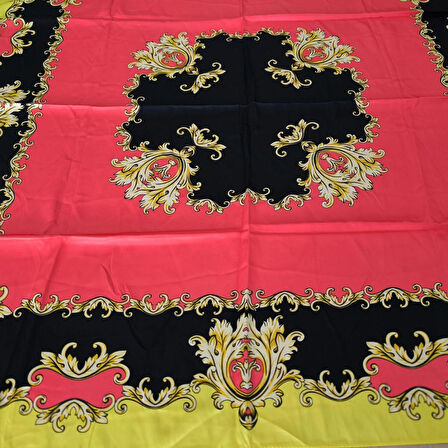 Geometrik Çiçek Desenli Saten Sarı Eşarp - 90x90