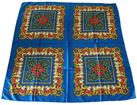 Kare Kesim Etnik Desenli Saten Mavi Eşarp (90x90 cm)
