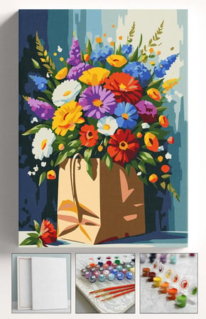 Sayılarla Boyama Seti Numaralı Tuval Fırça Boya Askı Aparatı Dahil Set 40x50 Cm - KESE KAĞIDI ÇİÇEKLER