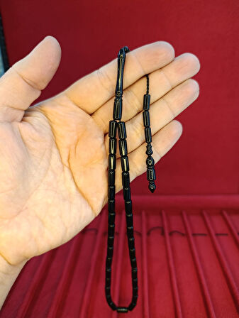 TOZ KEHRİBAR TESBİH KESME KESİM SİYAH RENKLİ SİSTEMLİ 11MMX5MM ÖZEL ÖLÇÜ