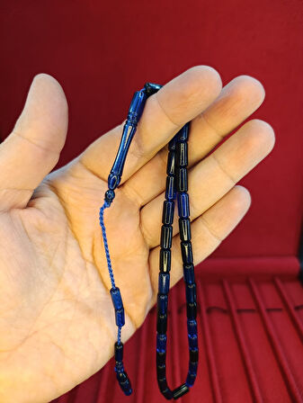 TOZ KEHRİBAR TESBİH KESME KESİM LACİVERT SİYAH RENKLİ SİSTEMLİ 11MMX5MM ÖZEL ÖLÇÜ