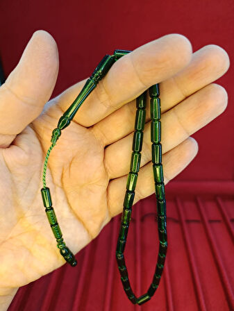 TOZ KEHRİBAR TESBİH KESME KESİM YEŞİL RENKLİ SİSTEMLİ 11MMX5MM ÖZEL ÖLÇÜ