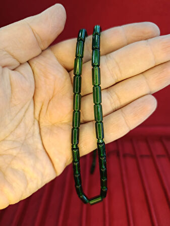 TOZ KEHRİBAR TESBİH KESME KESİM YEŞİL RENKLİ SİSTEMLİ 11MMX5MM ÖZEL ÖLÇÜ