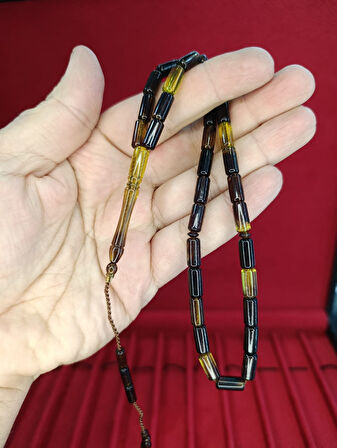 TOZ KEHRİBAR TESBİH KESME KESİM SARI SİYAH RENKLİ SİSTEMLİ 11MMX5MM ÖZEL ÖLÇÜ