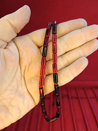 TOZ KEHRİBAR TESBİH KESME KESİM KIRMIZI SİYAH RENKLİ SİSTEMLİ 11MMX5MM ÖZEL ÖLÇÜ