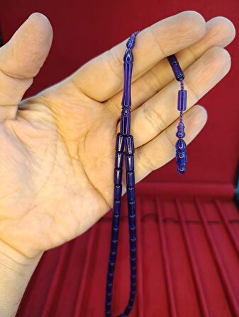 TOZ KEHRİBAR TESBİH KESME KESİM LACİVERT RENKLİ SİSTEMLİ 11MMX5MM ÖZEL ÖLÇÜ