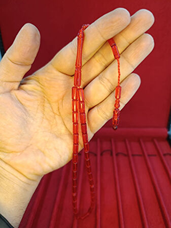 TOZ KEHRİBAR TESBİH KESME KESİM KIRMIZI RENKLİ SİSTEMLİ 11MMX5MM ÖZEL ÖLÇÜ