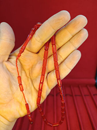 TOZ KEHRİBAR TESBİH KESME KESİM KIRMIZI RENKLİ SİSTEMLİ 11MMX5MM ÖZEL ÖLÇÜ