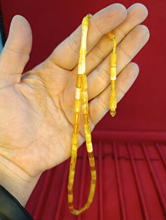 TOZ KEHRİBAR TESBİH KESME KESİM SARI BEYAZ RENKLİ SİSTEMLİ 11MMX5MM ÖZEL ÖLÇÜ