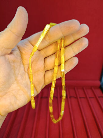 TOZ KEHRİBAR TESBİH KESME KESİM SARI BEYAZ RENKLİ SİSTEMLİ 11MMX5MM ÖZEL ÖLÇÜ