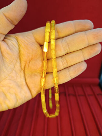 TOZ KEHRİBAR TESBİH KESME KESİM SARI BEYAZ RENKLİ SİSTEMLİ 11MMX5MM ÖZEL ÖLÇÜ