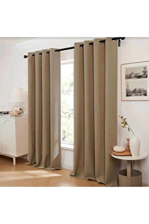 Keten Black Out Bej -kahve Renk Rustik Perde Kuşgözü Halkalı Boru Halka Dekoring Perde