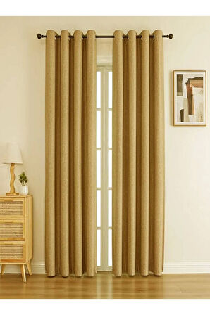 Keten Black Out Hardal Sarı Renk Rustik Perde Kuşgözü Halkalı Boru Halka Dekoring Perde