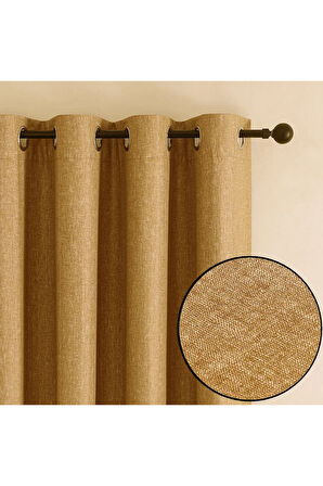 Keten Black Out Hardal Sarı Renk Rustik Perde Kuşgözü Halkalı Boru Halka Dekoring Perde