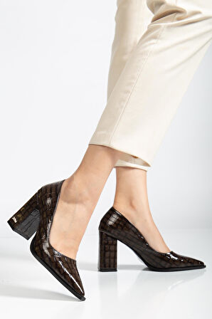 Suins Premium Kevin Model Kadın Kalın Topuklu Kroko Stiletto Ayakkabı