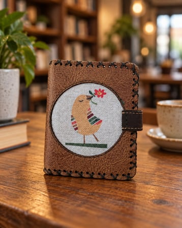 Kuş Desenli Tasarım Cüzdan - Taba