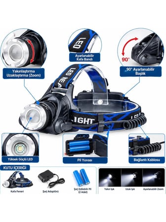 Luve Store Şarjlı LED Kafa Feneri Zoomlu 90° Ayarlanabilir Başlık Kamp Avcılık Balıkçılık Outdoor
