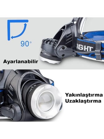 Luve Store Şarjlı LED Kafa Feneri Zoomlu 90° Ayarlanabilir Başlık Kamp Avcılık Balıkçılık Outdoor