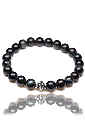 Sertifikalı Siyah Yeşil Kaplan Gözü Taşı Bileklik - Gümüş Aparatlı