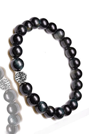 Sertifikalı Siyah Yeşil Kaplan Gözü Taşı Bileklik - Gümüş Aparatlı