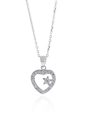 Yıldızlık Kalp Model Zirkon Taşlı Gümüş Kolye